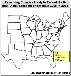 Remaining counties likely to exceed the 8-hour ozone standard under the base case in 2015