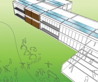 Drawing of a modular school design.  Winner of the Lifecycle Building Challenge Best School Design Award.