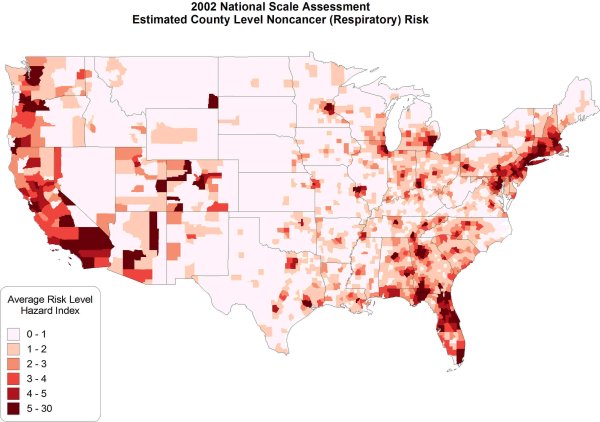 Map of Estimated County Level Noncancer (Respiratory) Risk