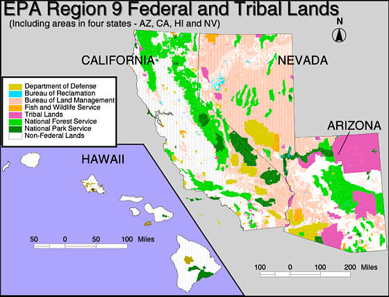 Map showing breakdown of  EPA Region 9 Federal and Tribal Lands