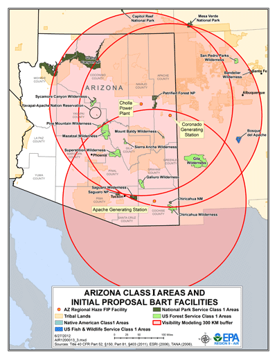 AZ Class 1 Areas and initial proposal BART Facilities map