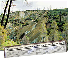 Photo of: Clear Creek area landscape, partially overlayed with headline portion of the asbestos public data sheet