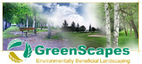 GreenScapes logo and tagline with collage of park bench and golf course