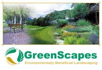 Photo collage of park bench and backyard images with GreenScapes logo and tagline