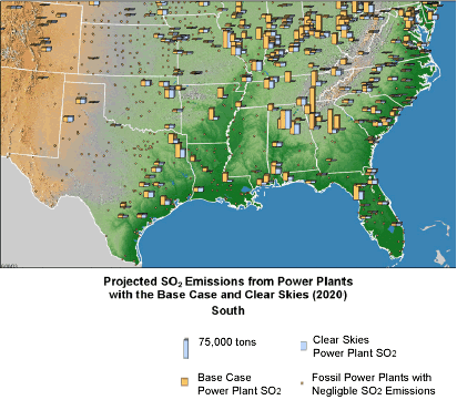 Projected SO2 Emissions from Power Plants with the Base Case and Clear Skies (2020)  - South