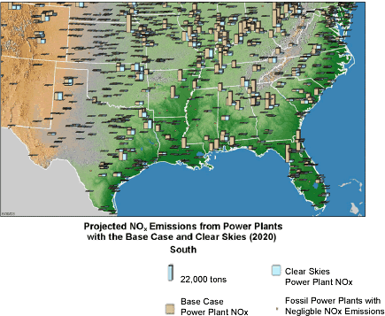 Projected NOx Emissions from Power Plants with the Base Case and Clear Skies (2020) - South