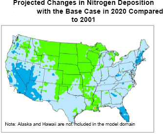 Projected Changes in Nitrogen Deposition with the Base Case in 2020 Compared to 2001
