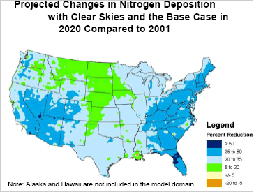 Projected Changes in Nitrogen Deposition with Clear Skies and the Base Case in 2020 Compared to 2001