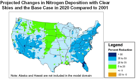 Projected Changes in Nitrogen Deposition with Clear Skies and the Base Case in 2020 Compared to 2001