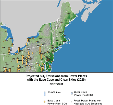 Projected SO2 Emissions from Power Plants with the Base Case and Clear Skies (2020) - Northeast