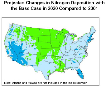 Projected Changes in Nitrogen Deposition with the Base Case in 2020 Compared to 2001