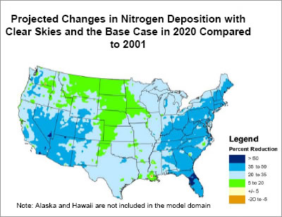 Projected Changes in Nitrogen Deposition with Clear Skies and the Base Case in 2020 Compared to 2001