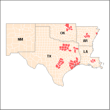 Map showing counties intended for ozone non-attainment by the 8-hour standard in 2003