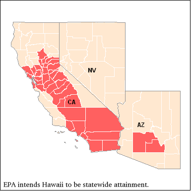 Map showing counties intended for ozone non-attainment by the 8-hour standard in 2003