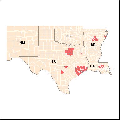 Map
 showing counties recommended for ozone non-attainment by the 8-hour standard in
2003