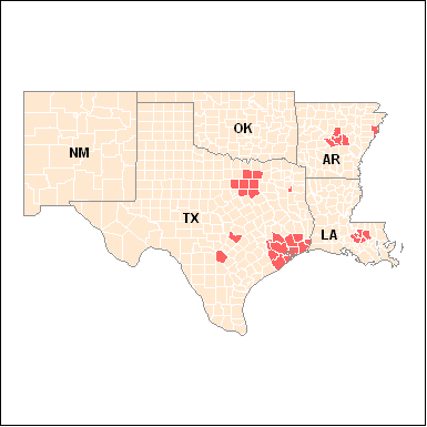 Map
 showing counties recommended for ozone non-attainment by the 8-hour standard in
2003