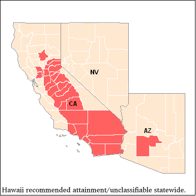 Map
 showing counties recommended for ozone non-attainment by the 8-hour standard in
2003