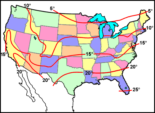 Map illustrating shallow ground water temperatures across the US.