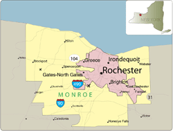 A map of Rochester, New York, showing the city's location in the state.