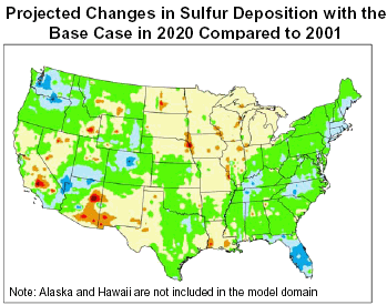 Projected Changes in Sulfur Deposition with the Base Case in 2020 Compared to 2001.
