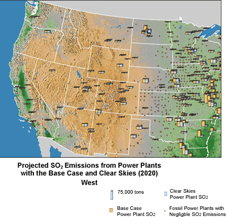 Projected SO2 Emissions from Power Plants with the Base Case and Clear Skies (2020)- West