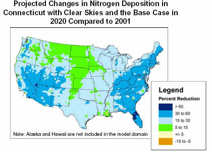 Projected Changes in Nitrogen Deposition in Connecticut with Clear Skies and the Base Case in 2020 Compared to 2001