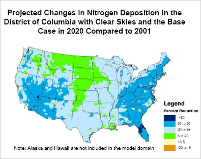 Projected Changes in Nitrogen Deposition in the District of Columbia with Clear Skies and the Base Case in 2020 Compared to 2001.