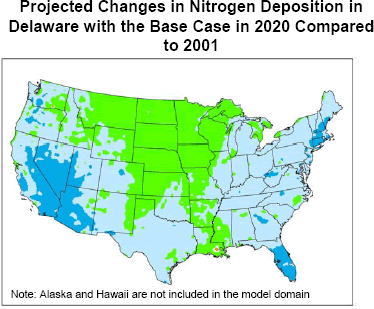 Projected Changes in Nitrogen Deposition in Delaware with the Base Case in 2020 Compared to 2001