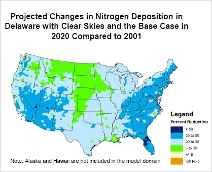 Projected Changes in Nitrogen Deposition in Delaware with Clear Skies and the Base Case in 2020 Compared to 2001