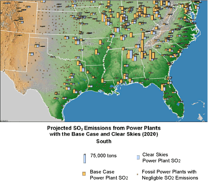 Projected SO2 Emissions from Power Plants with the Base Case and Clear Skies (2020) - South