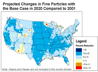 Projected Changes in Fine Particles with the Base Case in 2020 Compared to 2001.