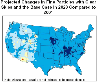 Projected Changes in Fine Particles with Clear Skies and the Base Case in 2020 Compared to 2001