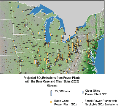 Projected SO2 Emissions from Power Plants with the Base Case and Clear Skies (2020) - Midwest.