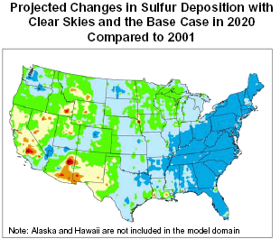 Projected Changes in Sulfur Deposition with Clear Skies and the Base Case in 2020 Compared to 2001.