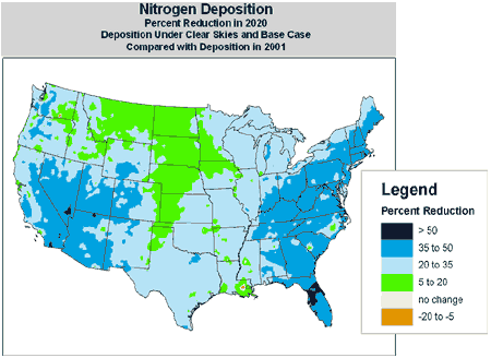 Nitrogen Deposition Map showing the percent reduction in 2020 compared with deposition in 2001