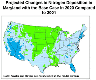 Projected Changes in Nitrogen Deposition in Maryland with the Base Case in 2020 Compared to 2001