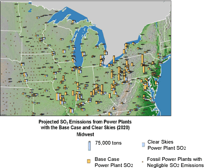 Projected SO2 Emissions from Power Plants with the Base Case and Clear Skies (2020)- Midwest