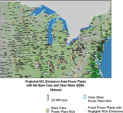 Projected NOx Emissions from Power Plants with the Base Case and Clear Skies (2020) - Midwest