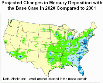 Projected Changes in Mercury Deposition with the Base Case in 2020 Compared to 2001.