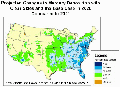 Projected Changes in Mercury Deposition with Clear Skies and the Base Case in 2020 Compared to 2001