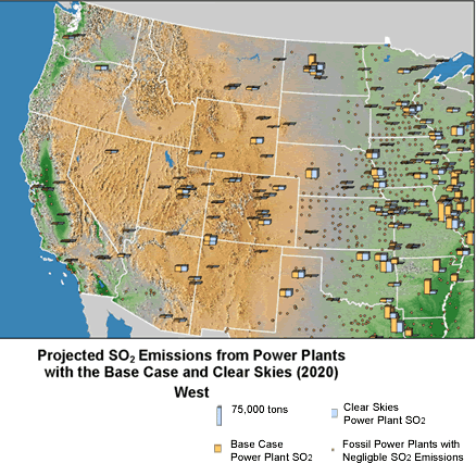Projected SO2 Emissions from Power Plants with the Base Case and Clear Skies (2020) - West