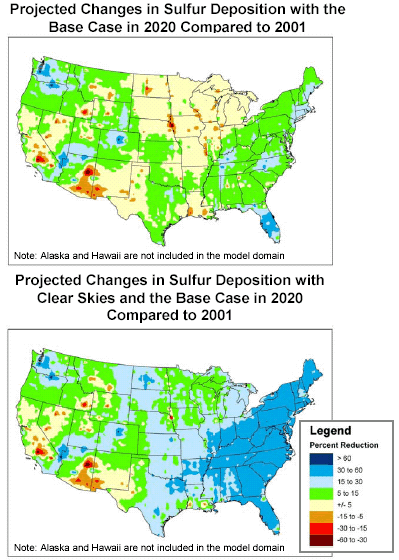 Projected Changes in Sulfur Deposition with the Base Case in 2020 Compared to 2001/Projected Changes in Sulfur Deposition with Clear Skies and the Base Case in 2020 Compared to 2001