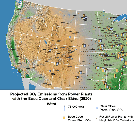 Projected SO2 Emissions from Power Plants with the Base Case and Clear Skies (2020) - West