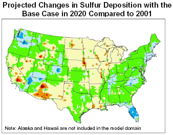 Projected Changes in Sulfur Deposition with the Base Case in 2020 Compared to 2001