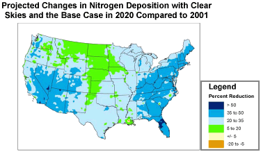 Projected Changes in Nitrogen Deposition in Oklahoma with Clear Skies and the Base Case in 2020 Compared to 2001.