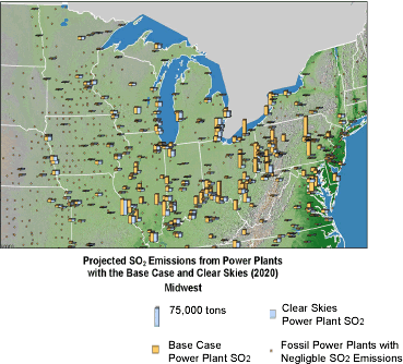 Projected SO2 Emissions from Power Plants with the Base Case and Clear Skies (2020) - Midest