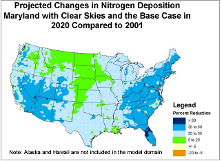 Projected Changes in Nitrogen Deposition in Maryland with Clear Skies and the Base Case in 2020 Compared to 2001