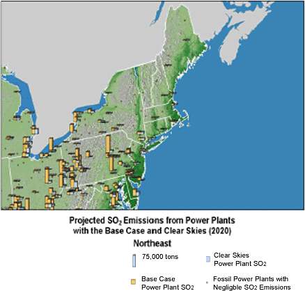 Projected SO2 Emissions from Power Plants with the Base Case and Clear Skies (2020) - Northeast