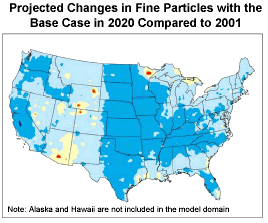 Projected Changes in Fine Particles with the Base Case in 2020 Compared to 2001