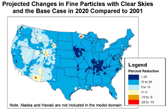 Projected Changes in Fine Particles with Clear Skies and the Base Case in 2020 Comapredt o 2001